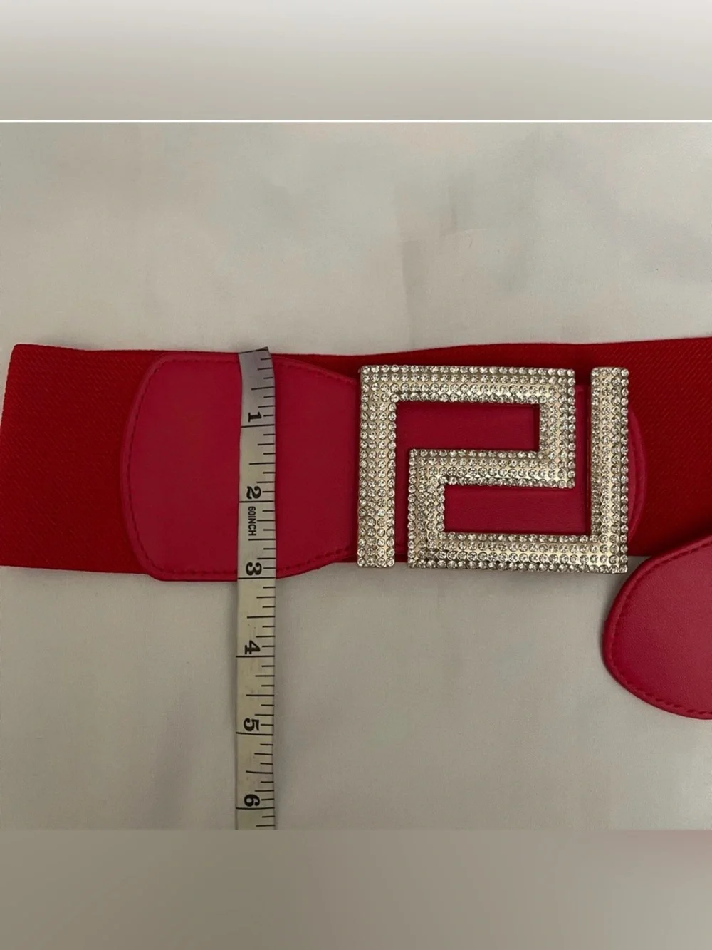 Red PU leather square  buckle with rhinestones details elastic waistband belt